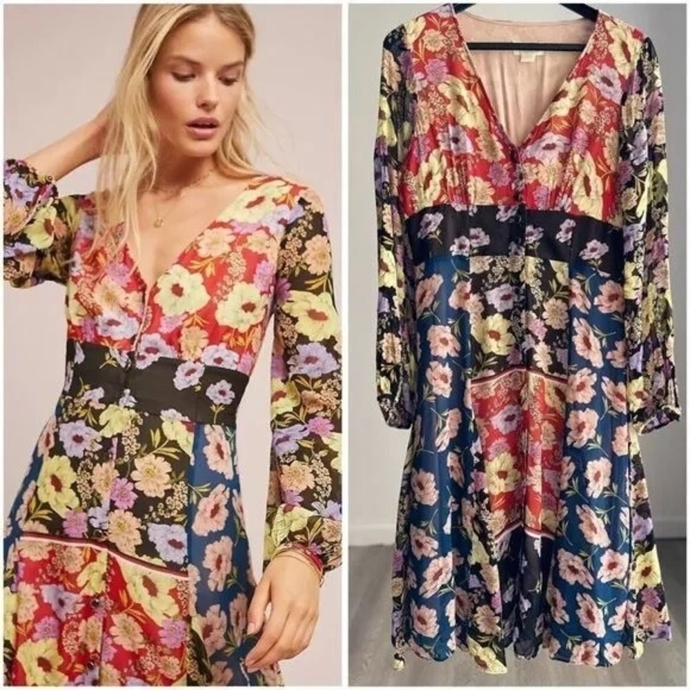 Maeve Anthropologie Womens Size 6 Mixed Floral Patchwork Midi‎ Dress V-Neck